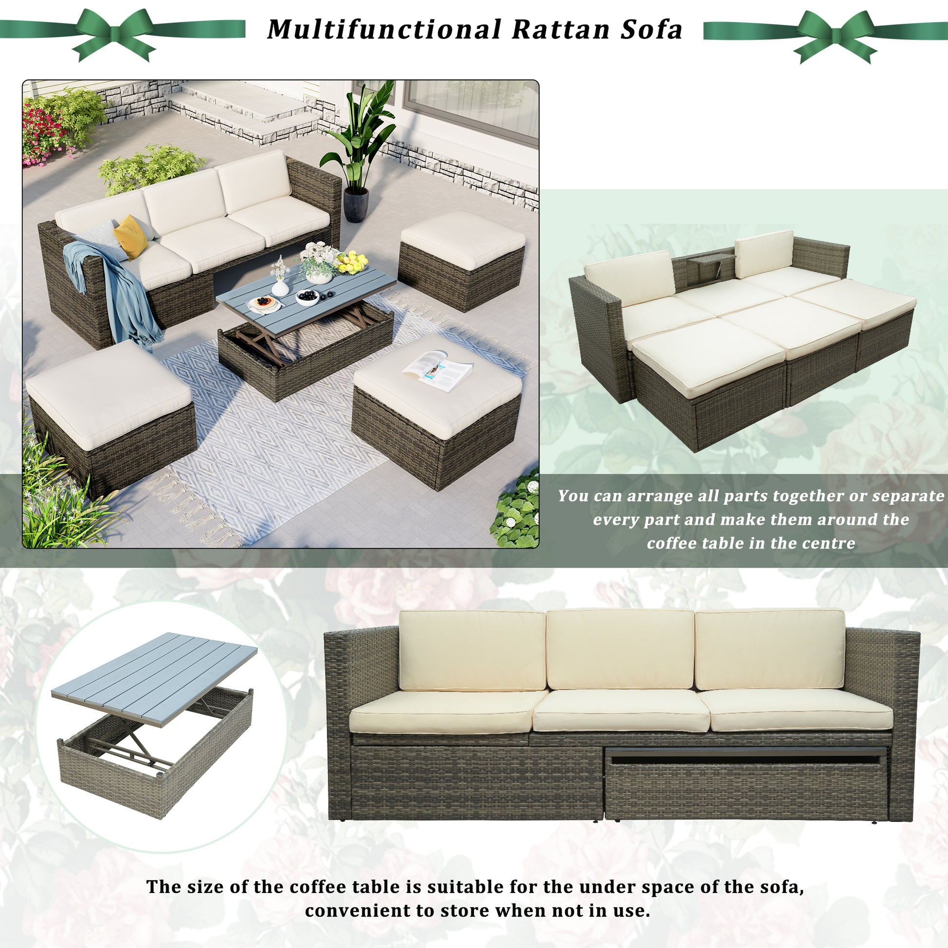 5-Piece Patio Sofa Set, Adjustable Backrest, Ottomans, Lift Top Table