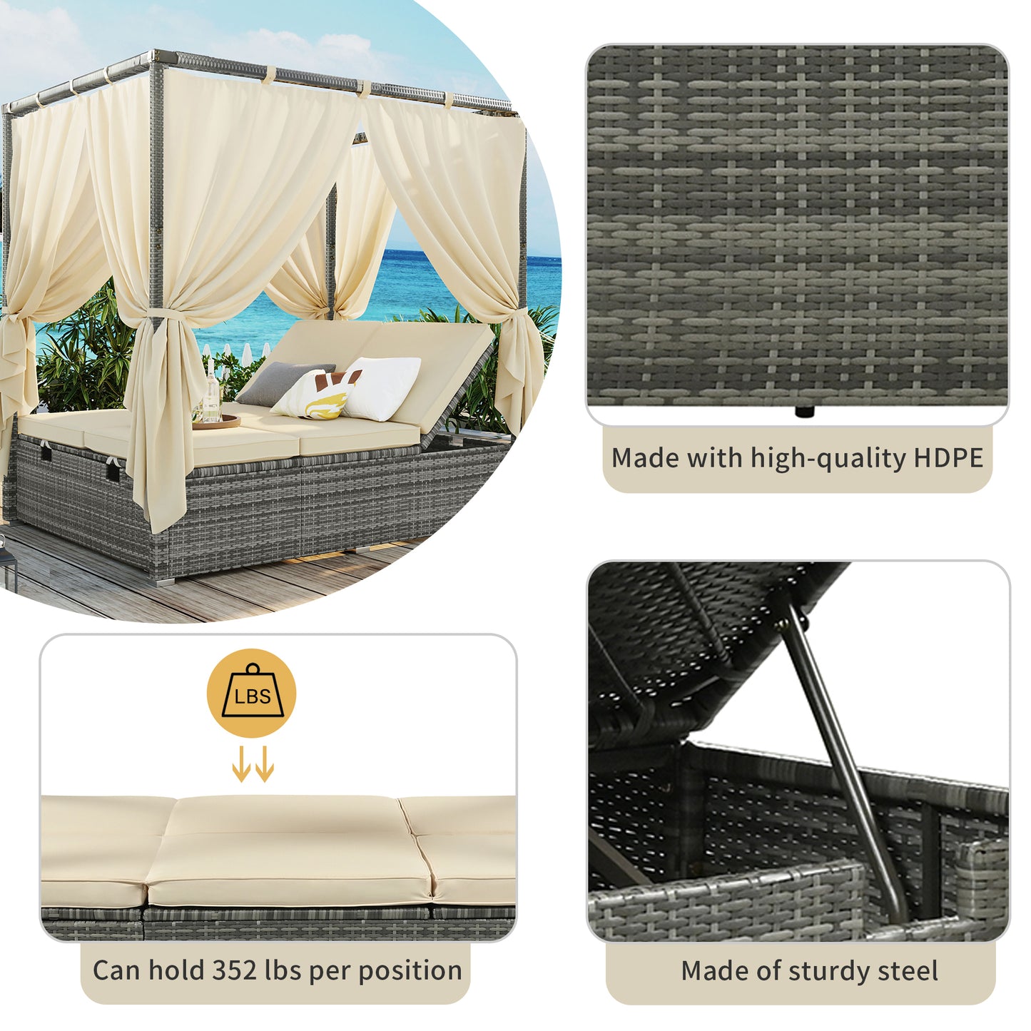 U_Style Adjustable Sun Bed With Curtain, High Comfort