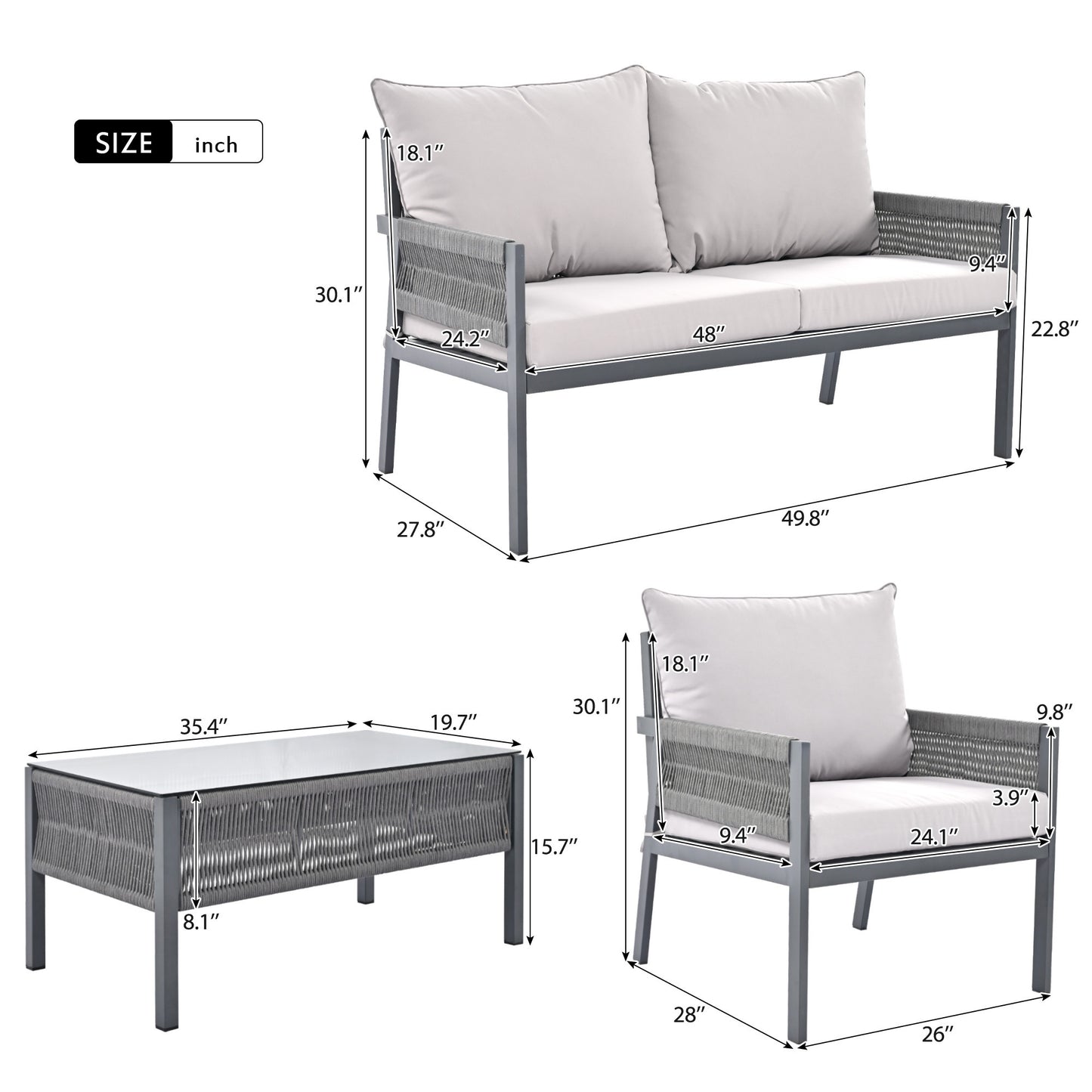 4-Piece Patio Set, Glass Table, Deep Seating