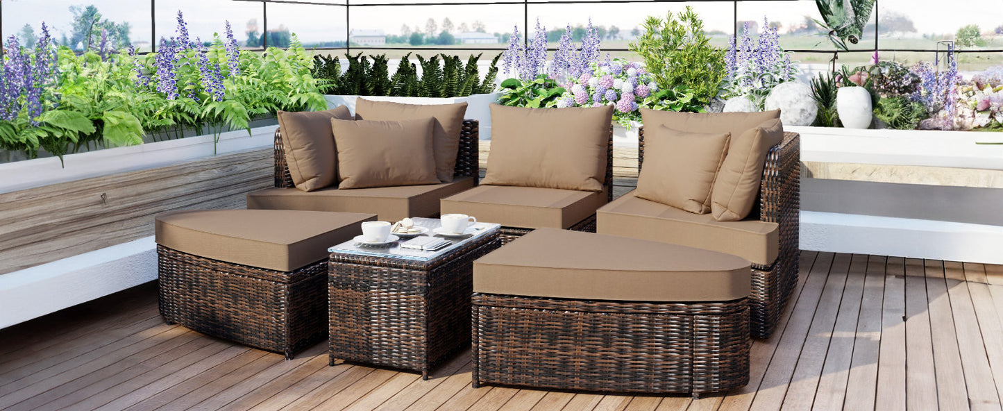 6-Piece Patio Outdoor Conversation Round Sofa Set, Coffee Table, Brown