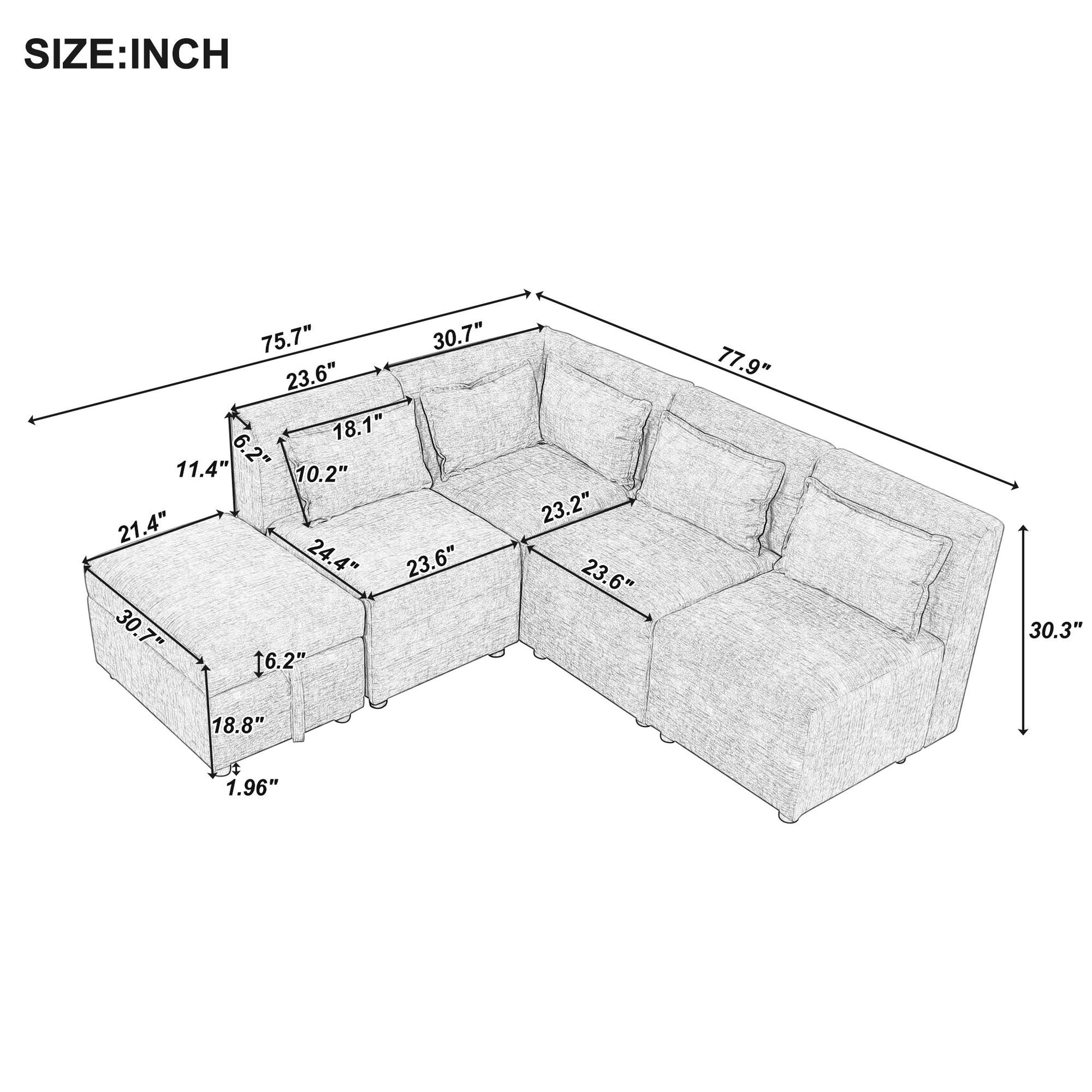 Sofa Set, 5-Seater Couch with Ottoman, 5 Pillows