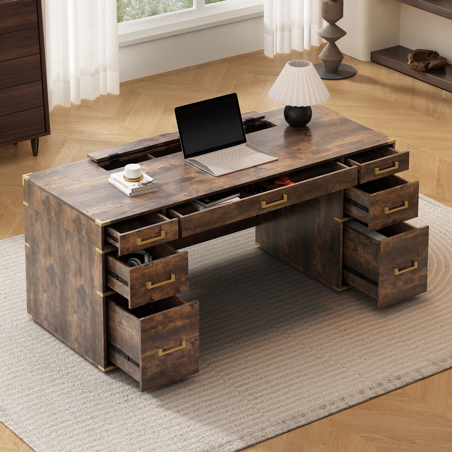 Executive Desk Metal Edge with 2 file drawers, USB Ports and Outlets