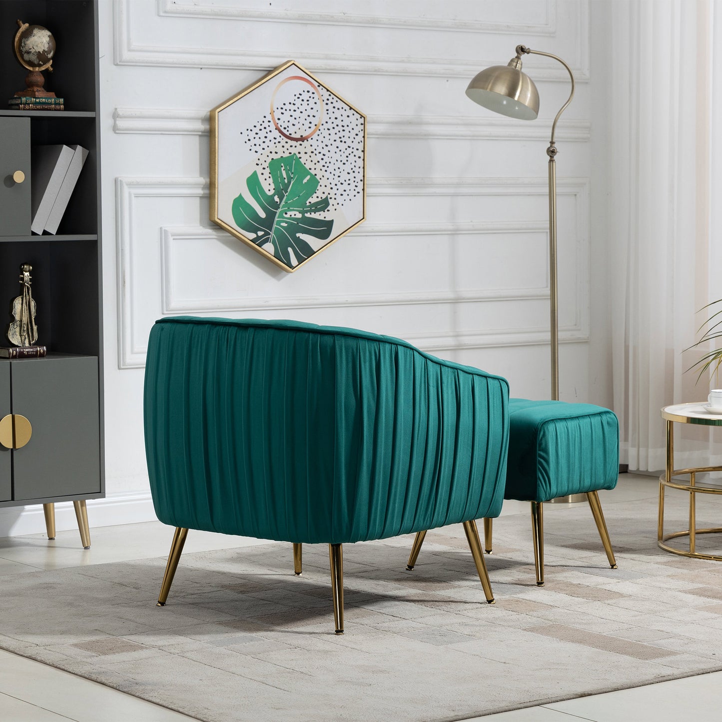 Accent Chair, Ottoman, Tufted Barrel Chair Set, Green