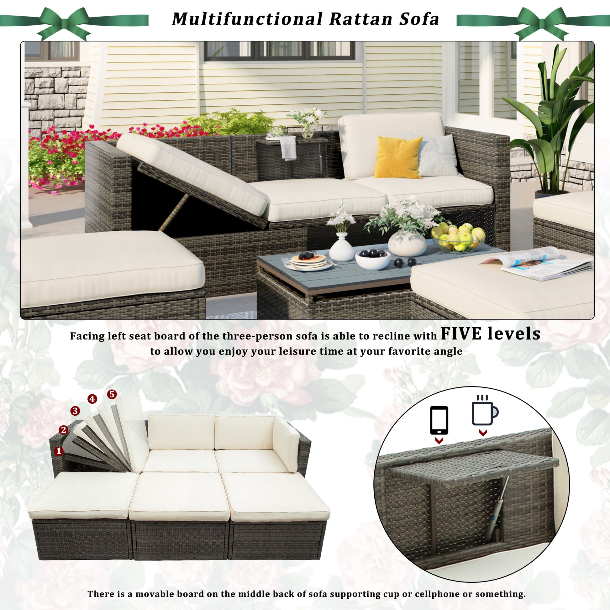 5-Piece Patio Sofa Set, Adjustable Backrest, Ottomans, Lift Top Table