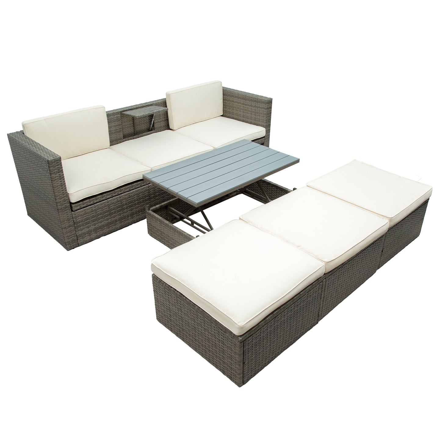 5-Piece Patio Sofa Set, Adjustable Backrest, Ottomans, Lift Top Table