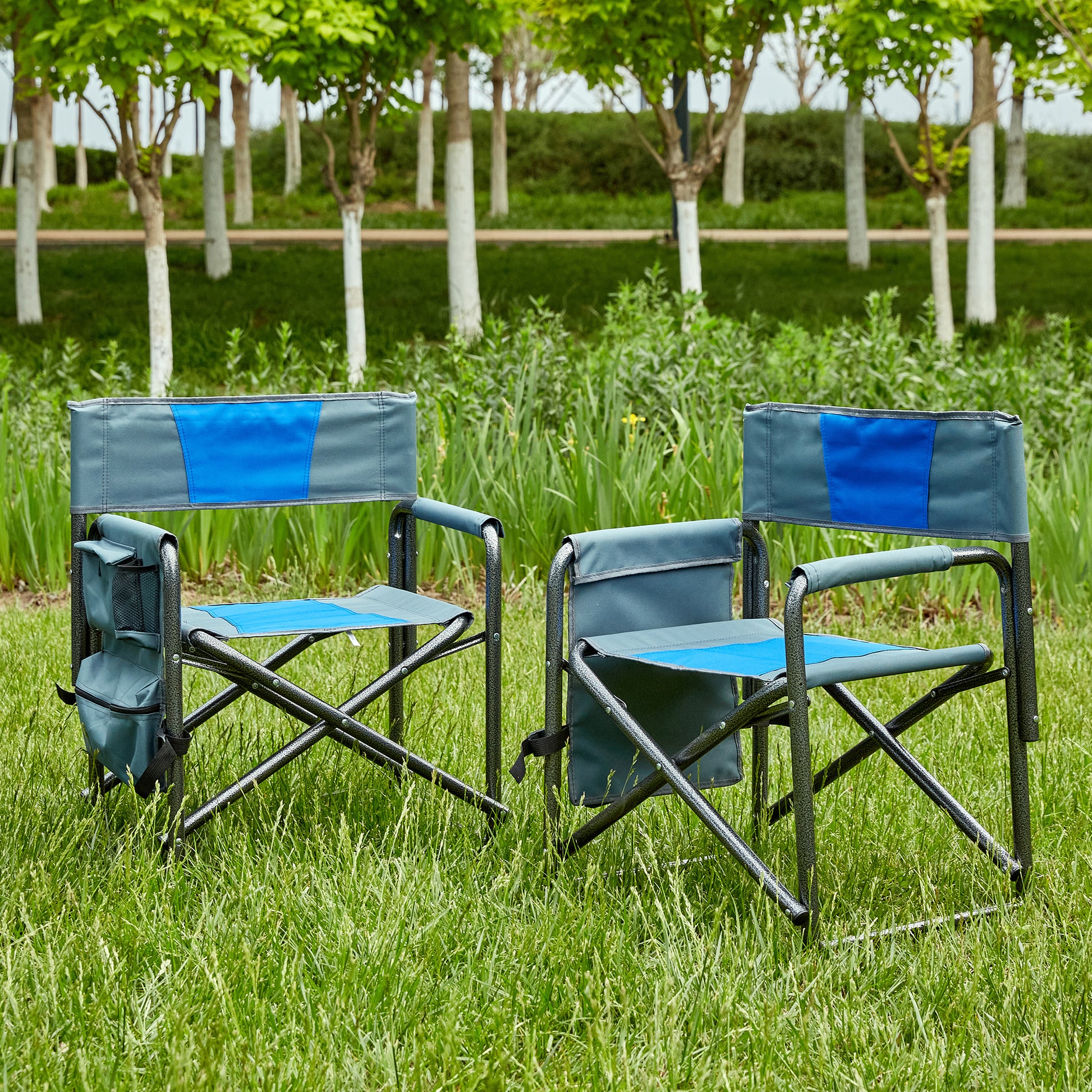 2-piece Padded Folding Outdoor Chair with Storage Pockets