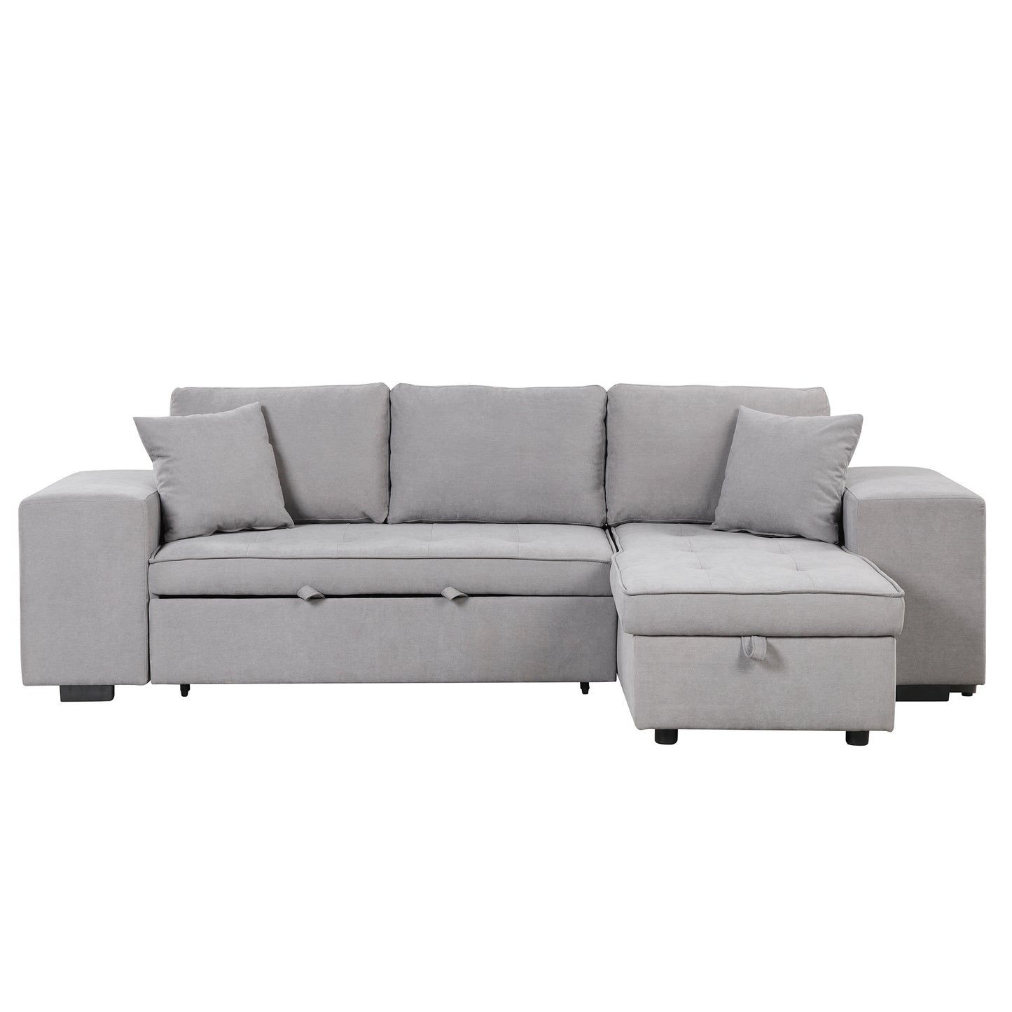 Modern L-Shape Sectional, Sleeper Sofa, Storage Chaise, 2 Stools, Grey