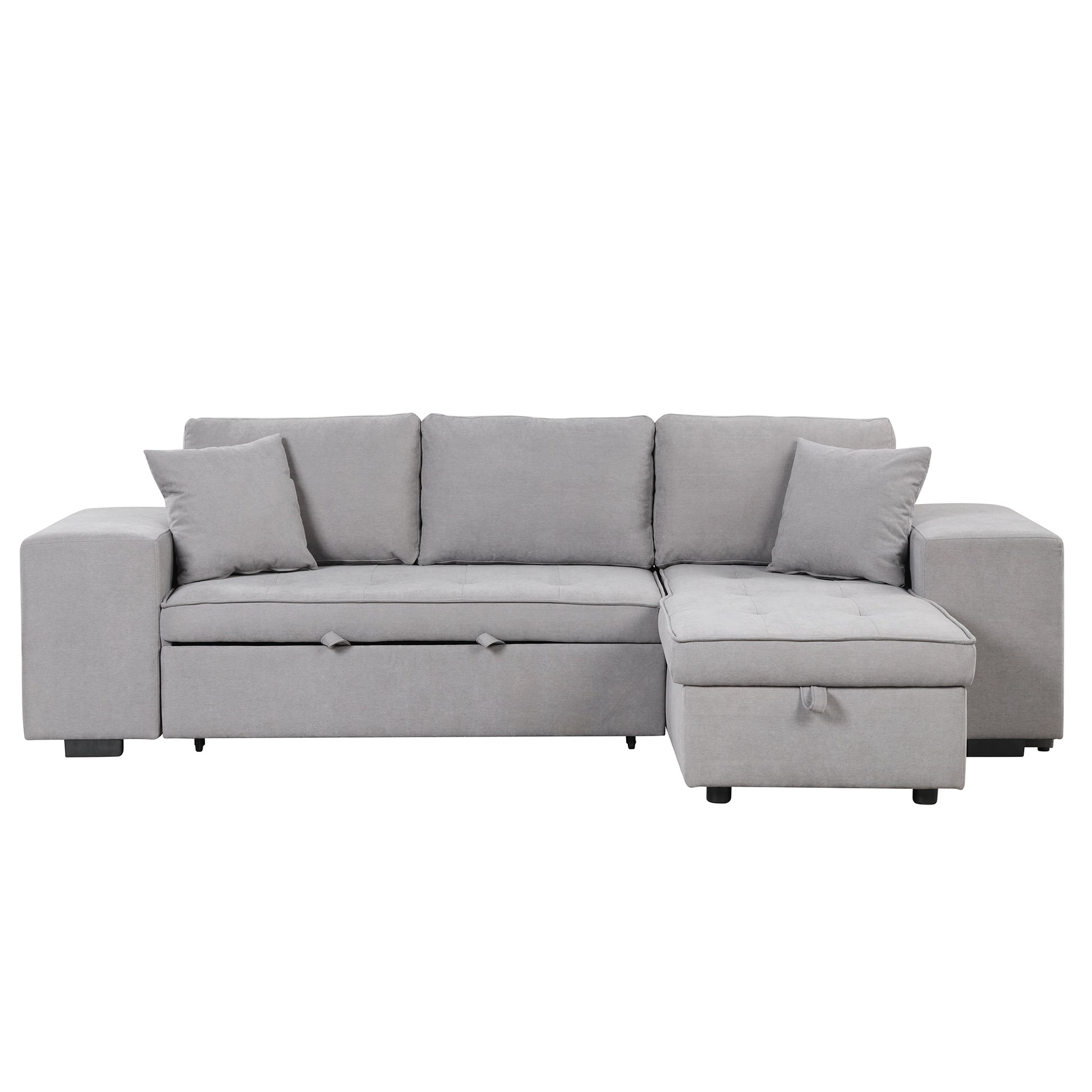 Modern L-Shape Sectional, Sleeper Sofa, Storage Chaise, 2 Stools, Grey