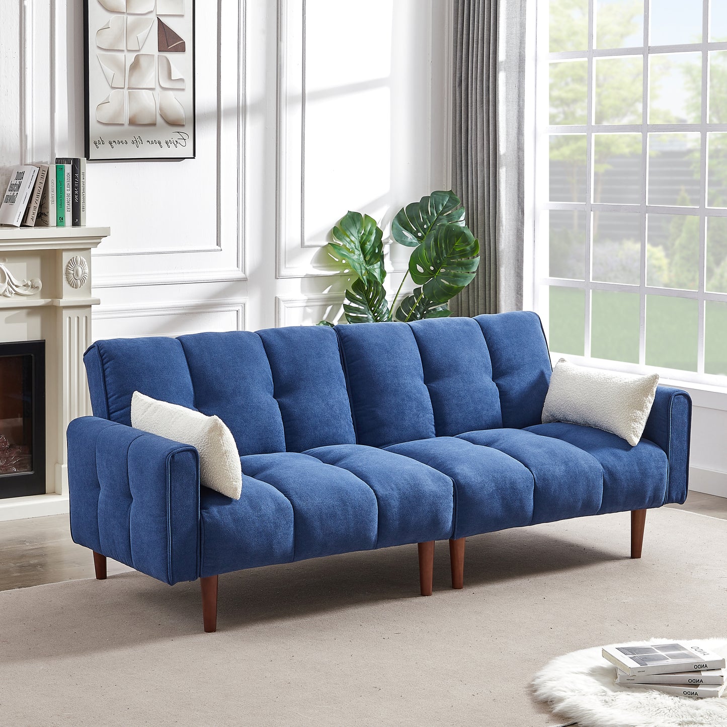 Convertible Futon Sofa Bed, 2 Pillows, Blue