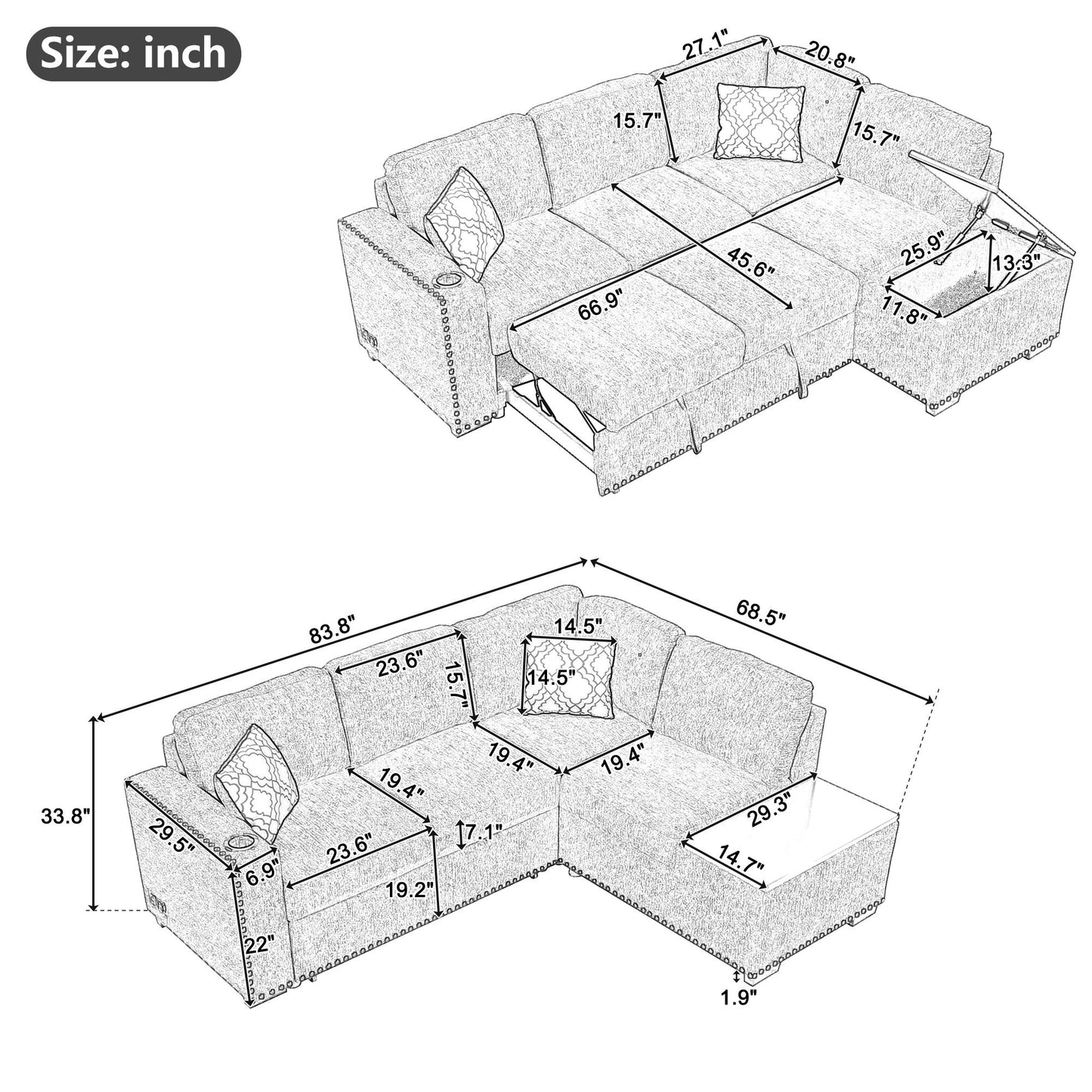 Reversible Sectional Sofa Bed, L-Shaped