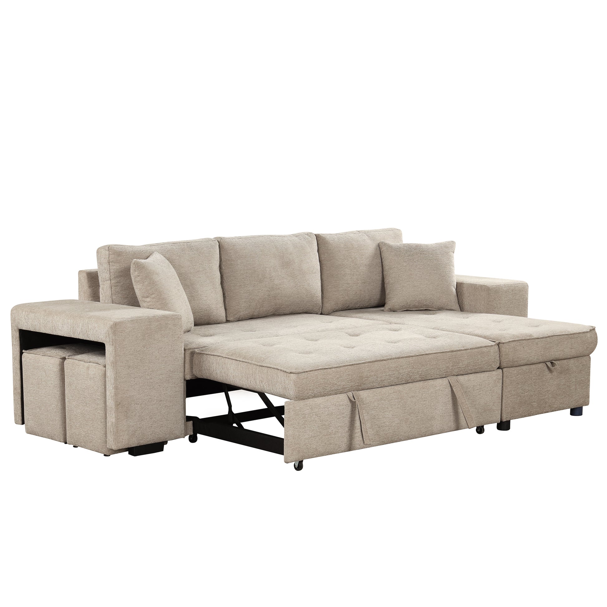 L-Shape Sectional, Sleeper Sofa, Storage Chaise, 2 Stools