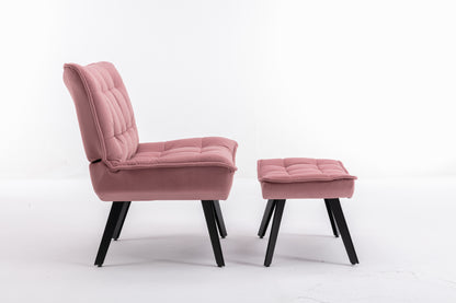 Modern Pink Velvet Accent Chair with Ottoman, Black Legs, Indoor Living