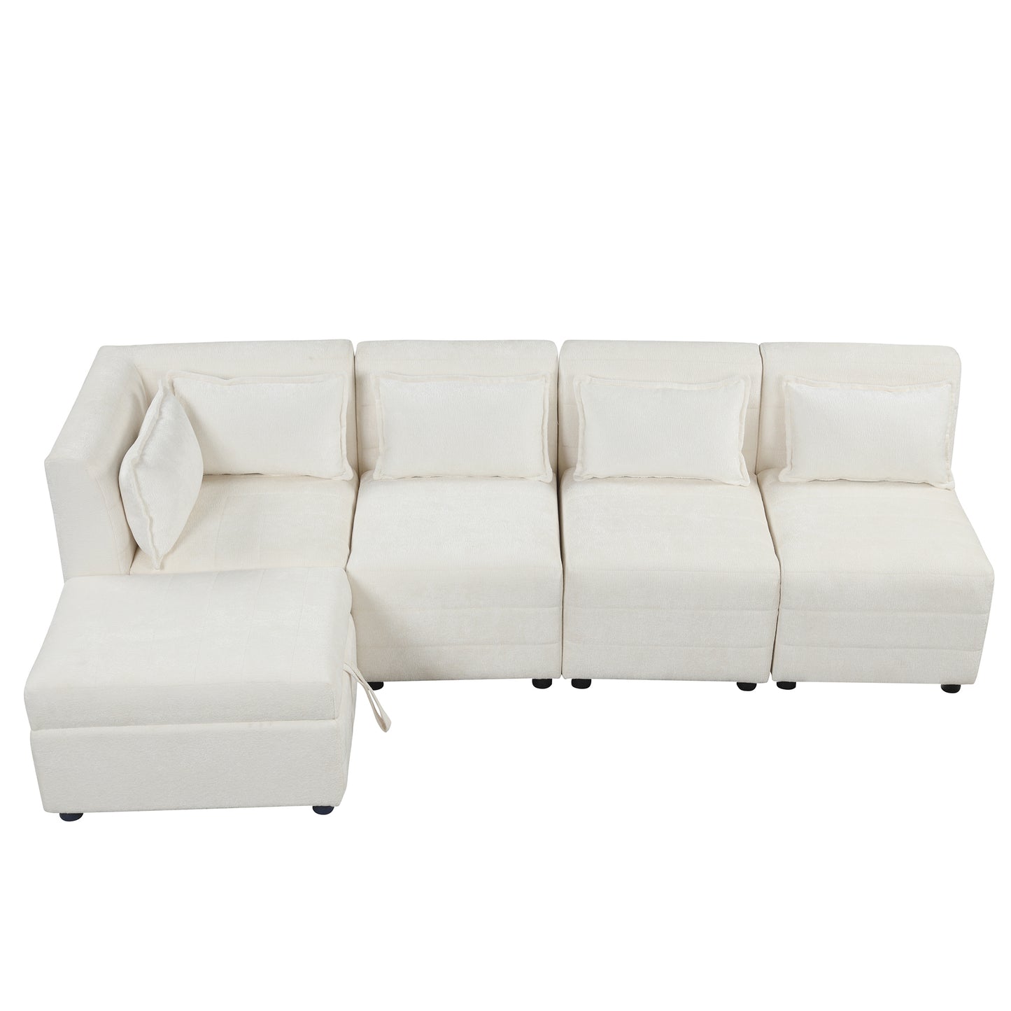 Sectional Sofa 5-seater Modular Couches, Storage Ottoman, 5 Pillows, Cream