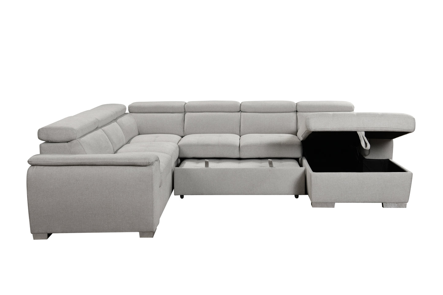 U-Shaped 7-Seat Sectional Sofa: Modern Design, Adjustable Headrest, Beige with Chaise Storage Bed