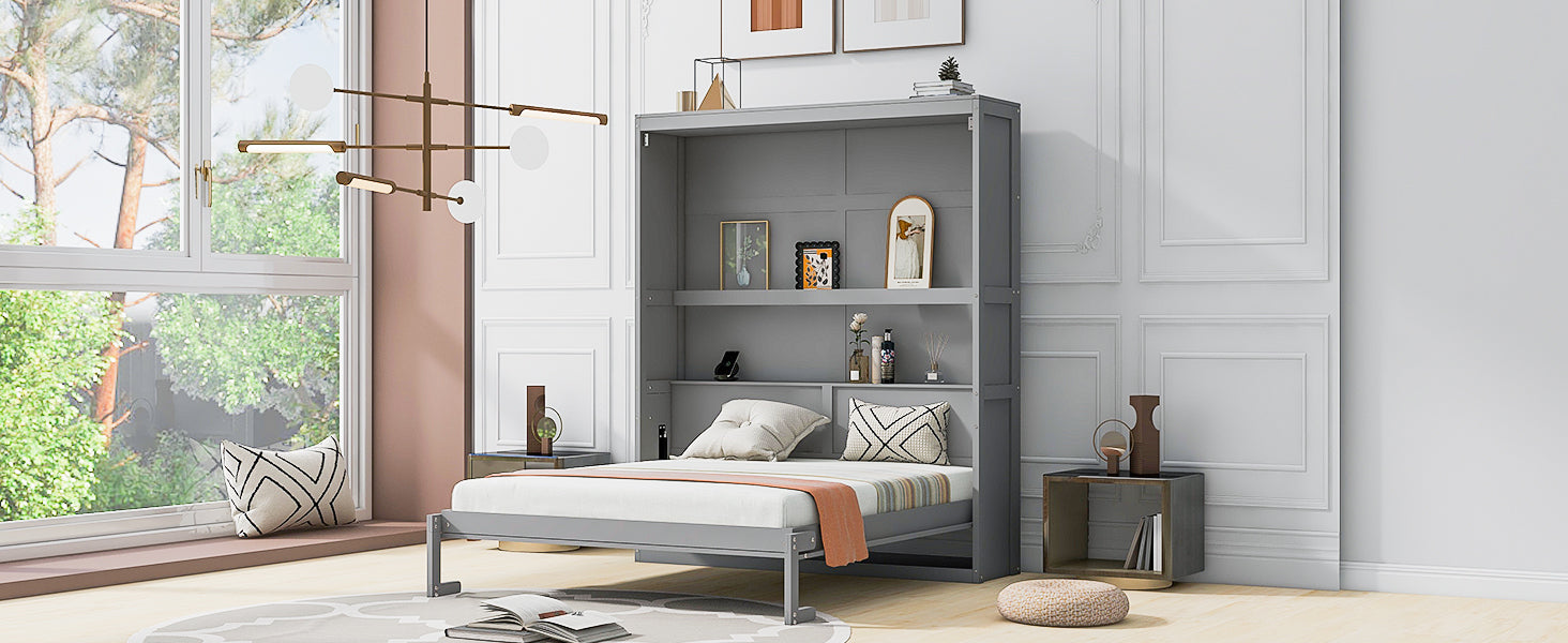 Queen Size Murphy Bed Wall Bed with Shelves,Gray