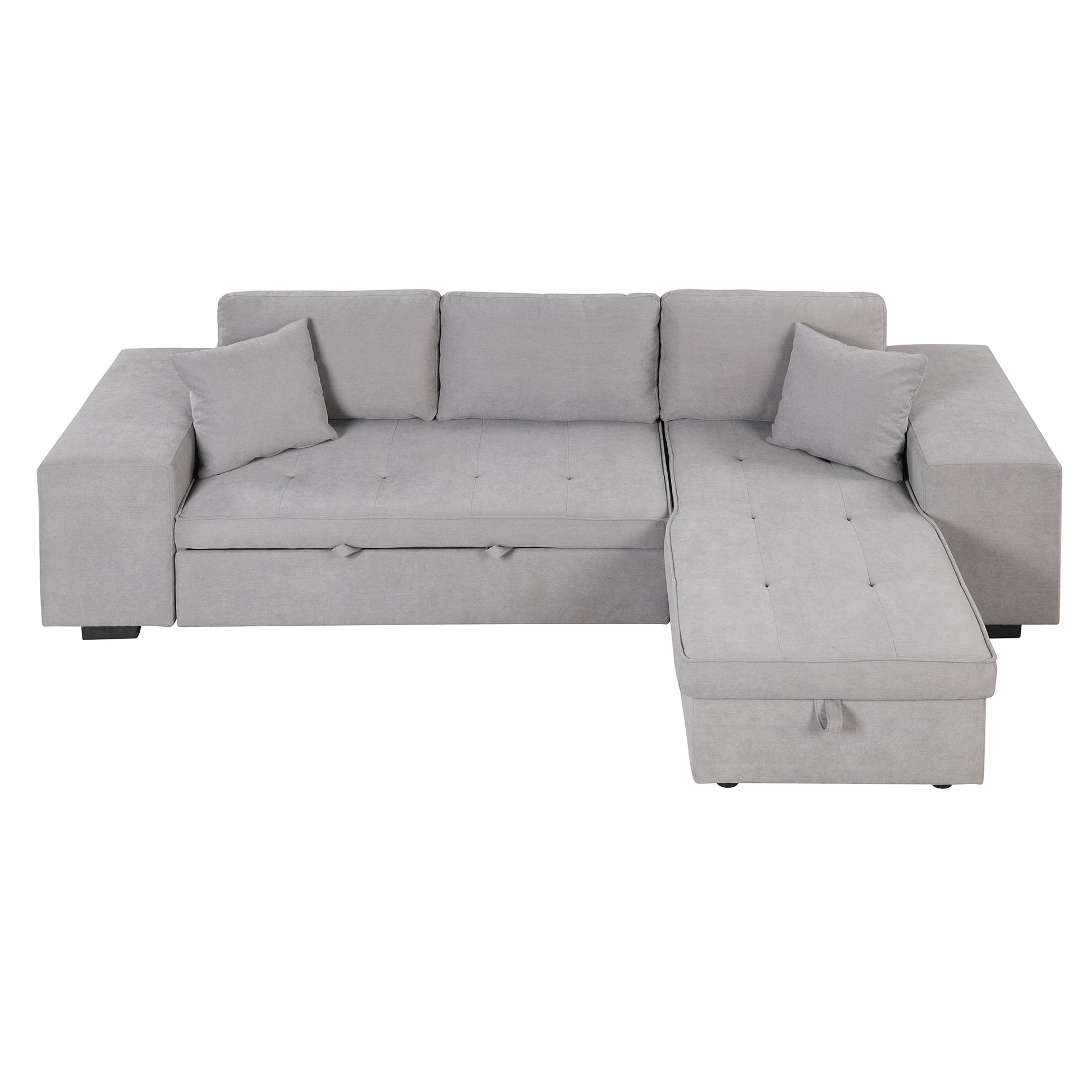 Modern L-Shape Sectional, Sleeper Sofa, Storage Chaise, 2 Stools, Grey