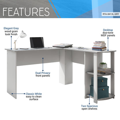 Techni Mobili Modern L-Shaped Desk with Side Shelves, Grey
