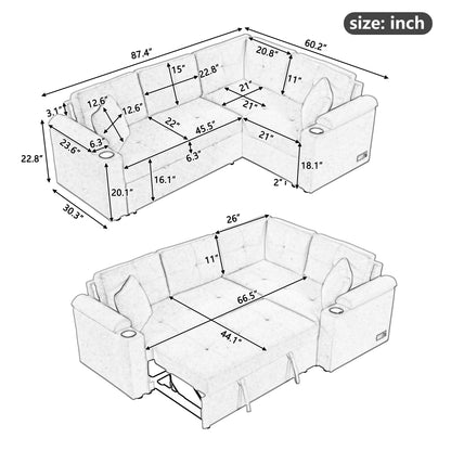 L-Shape Sleeper Sofa: Wheels, USB Ports, Power Sockets