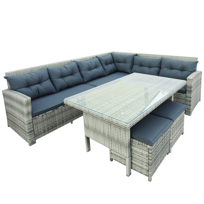 6-Piece Patio Furniture Set Outdoor Sectional Sofa, Glass Table