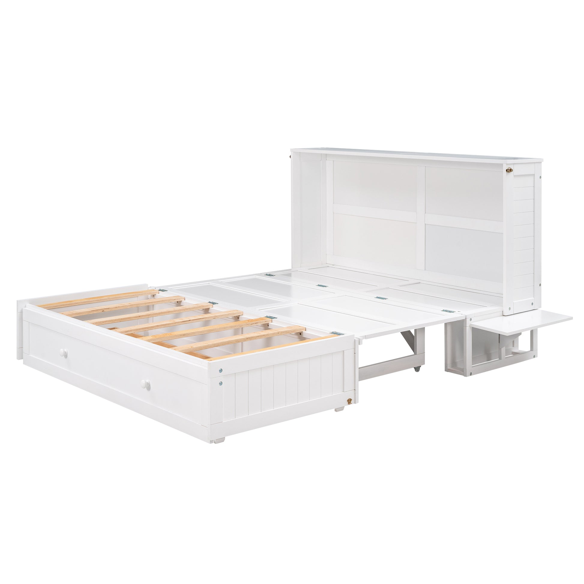 Mobile Murphy Bed: Queen Size with Drawer and Side Shelves, White