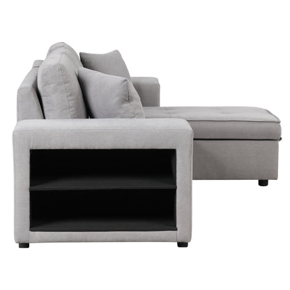 Modern L-Shape Sectional, Sleeper Sofa, Storage Chaise, 2 Stools, Grey