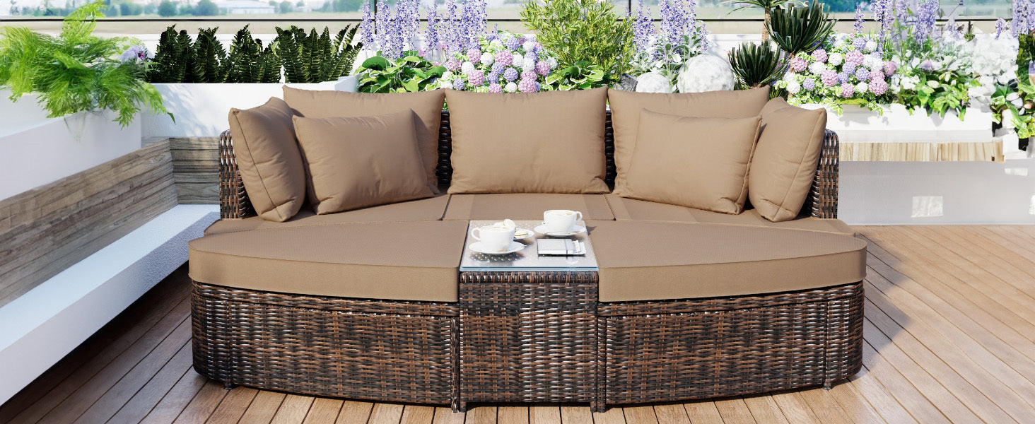 6-Piece Patio Outdoor Conversation Round Sofa Set, Coffee Table, Brown