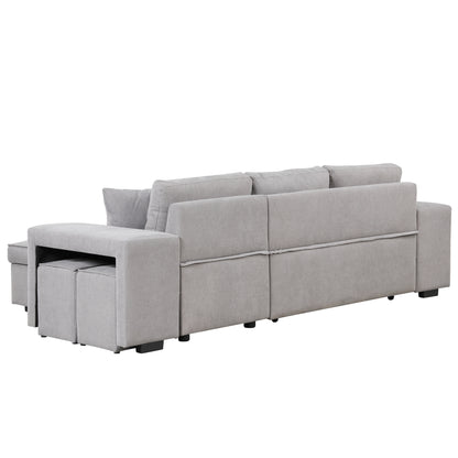 Modern L-Shape Sectional, Sleeper Sofa, Storage Chaise, 2 Stools, Grey