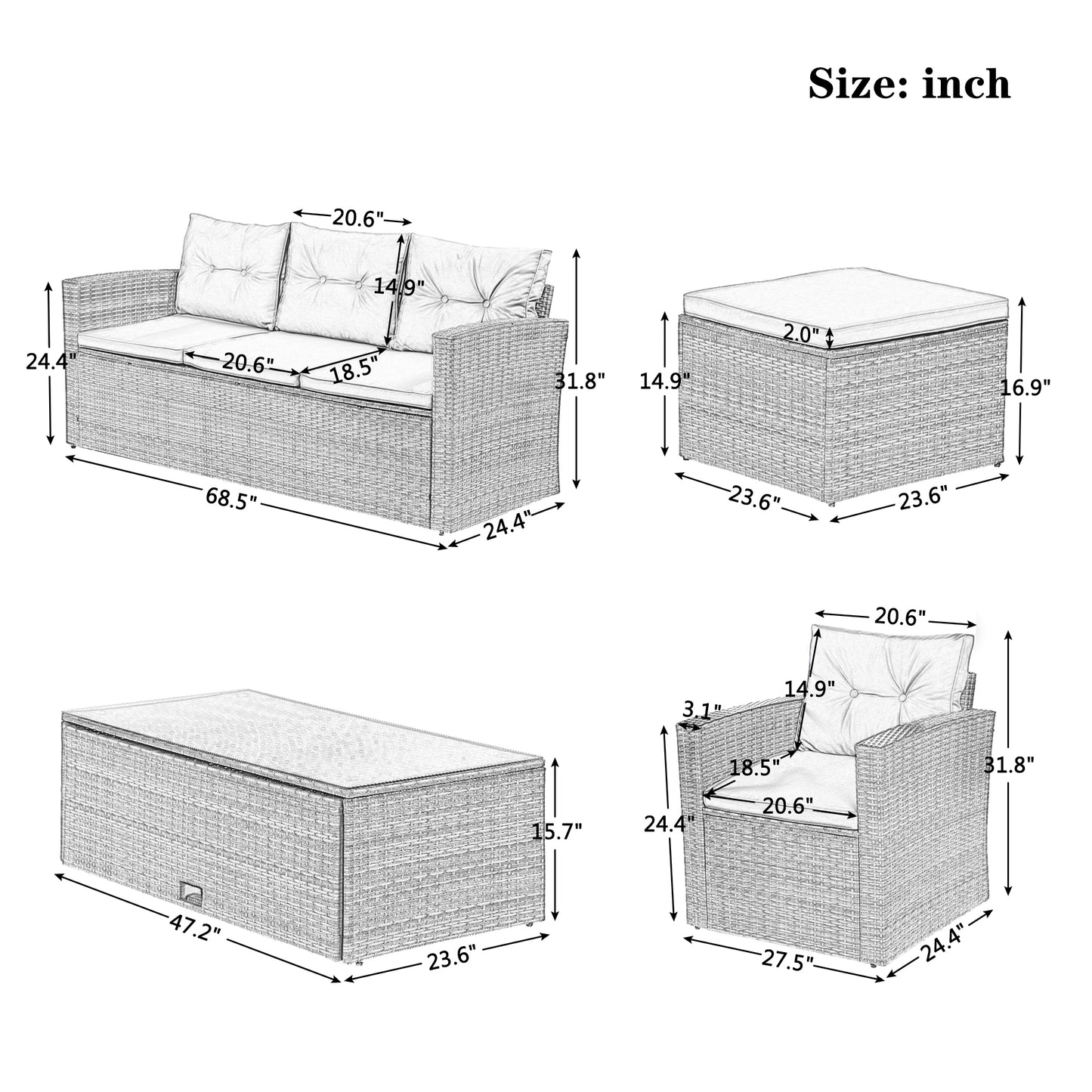 6-piece All-Weather Patio Outdoor Dining Sectional Set coffee table