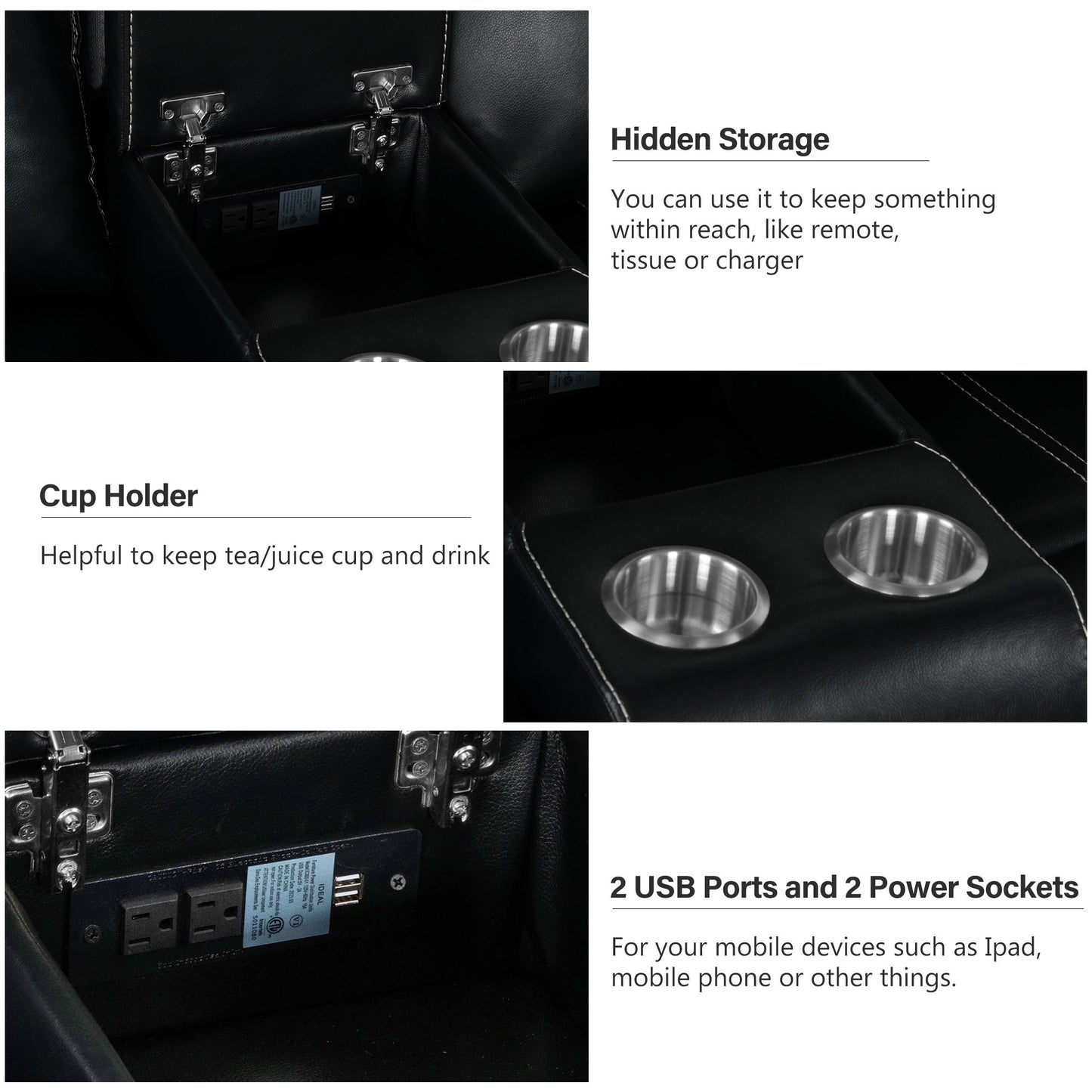 Recliner, Cup Holder, Storage, 2 USB Ports, 2 Power Sockets