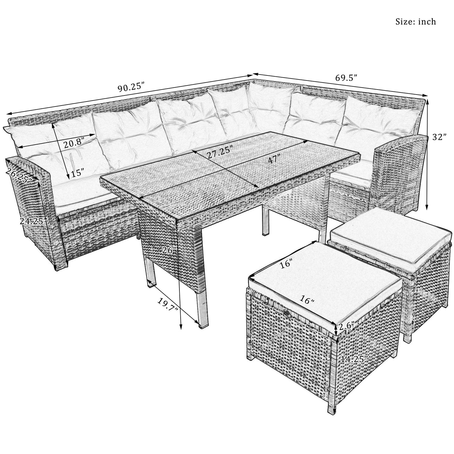 6-Piece Patio Furniture Set Outdoor Sectional Sofa, Glass Table