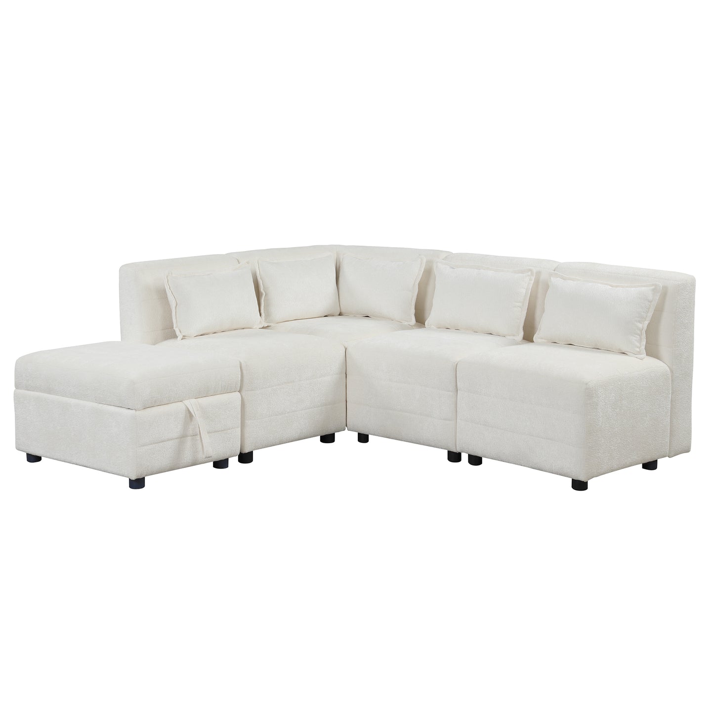 Sectional Sofa 5-seater Modular Couches, Storage Ottoman, 5 Pillows, Cream