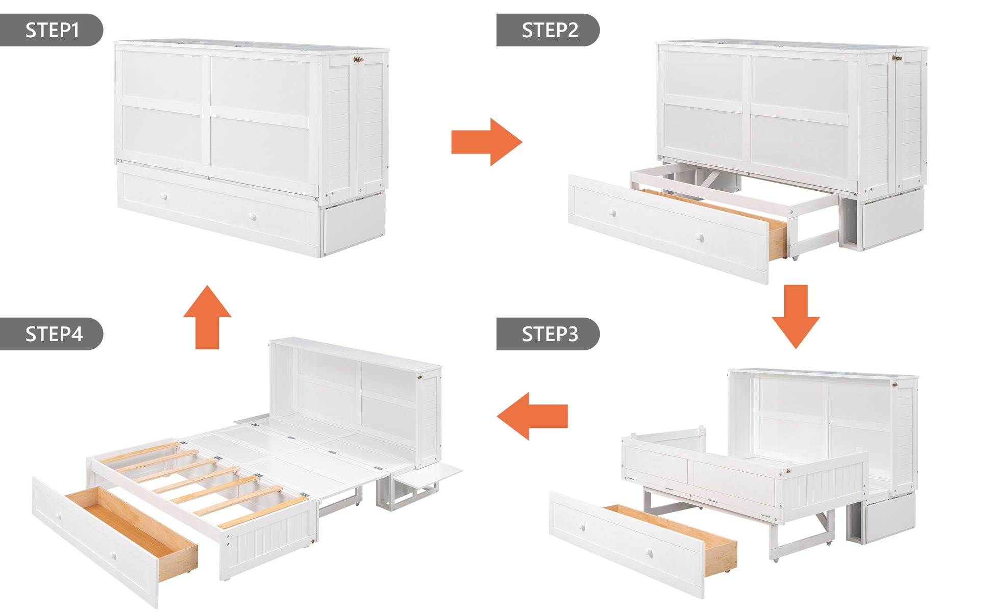 Mobile Murphy Bed: Queen Size with Drawer and Side Shelves, White