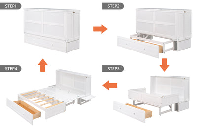 Mobile Murphy Bed: Queen Size with Drawer and Side Shelves, White