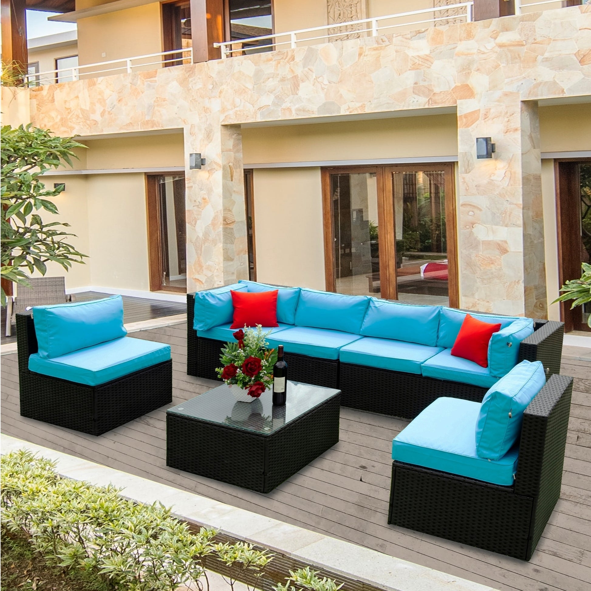 5 Pieces sectional Outdoor Furniture Cushioned, 2 Pillow