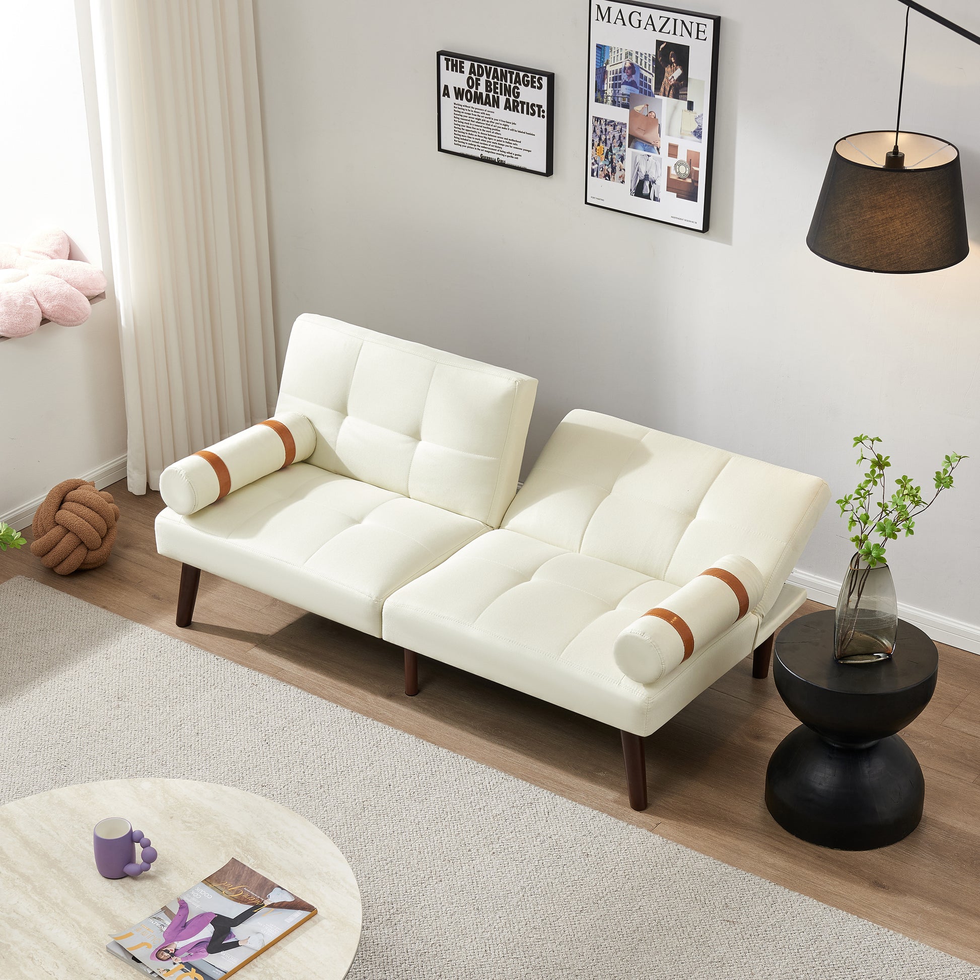Convertible Sofa Bed Futon Linen Fabric Ivory