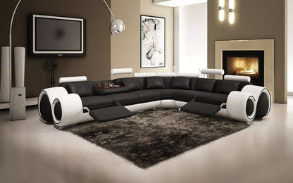 Leather Sectional with Adjustable Footrest | White&Black