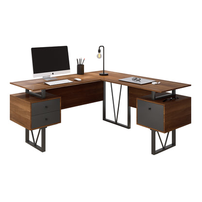 L-Shape Computer Desk, Drawers and File Cabinet, Walnut