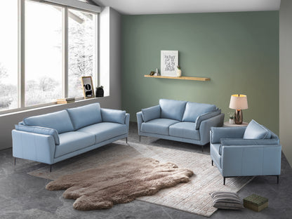 Ethereal Essence Light Blue Top Grain Leather Sofa, Black Finish