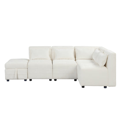 Sectional Sofa 5-seater Modular Couches, Storage Ottoman, 5 Pillows, Cream