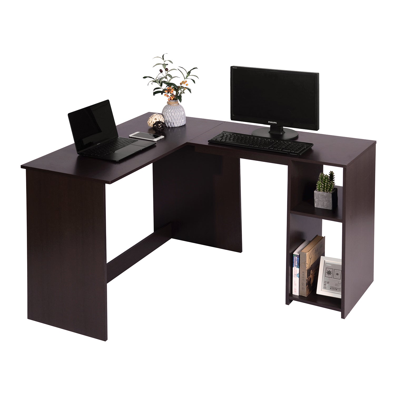 Desk L-Shaped Home Office Workstation, 2 Storage Shelves and Hutches