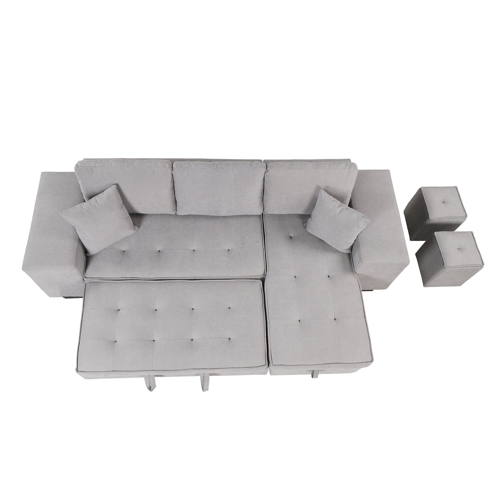 Modern L-Shape Sectional, Sleeper Sofa, Storage Chaise, 2 Stools, Grey