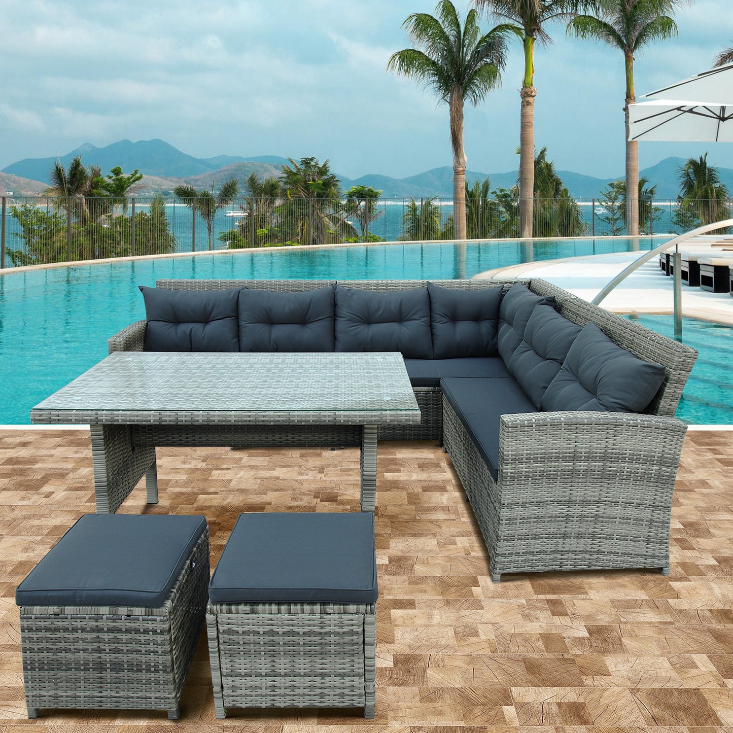 6-Piece Patio Furniture Set Outdoor Sectional Sofa, Glass Table