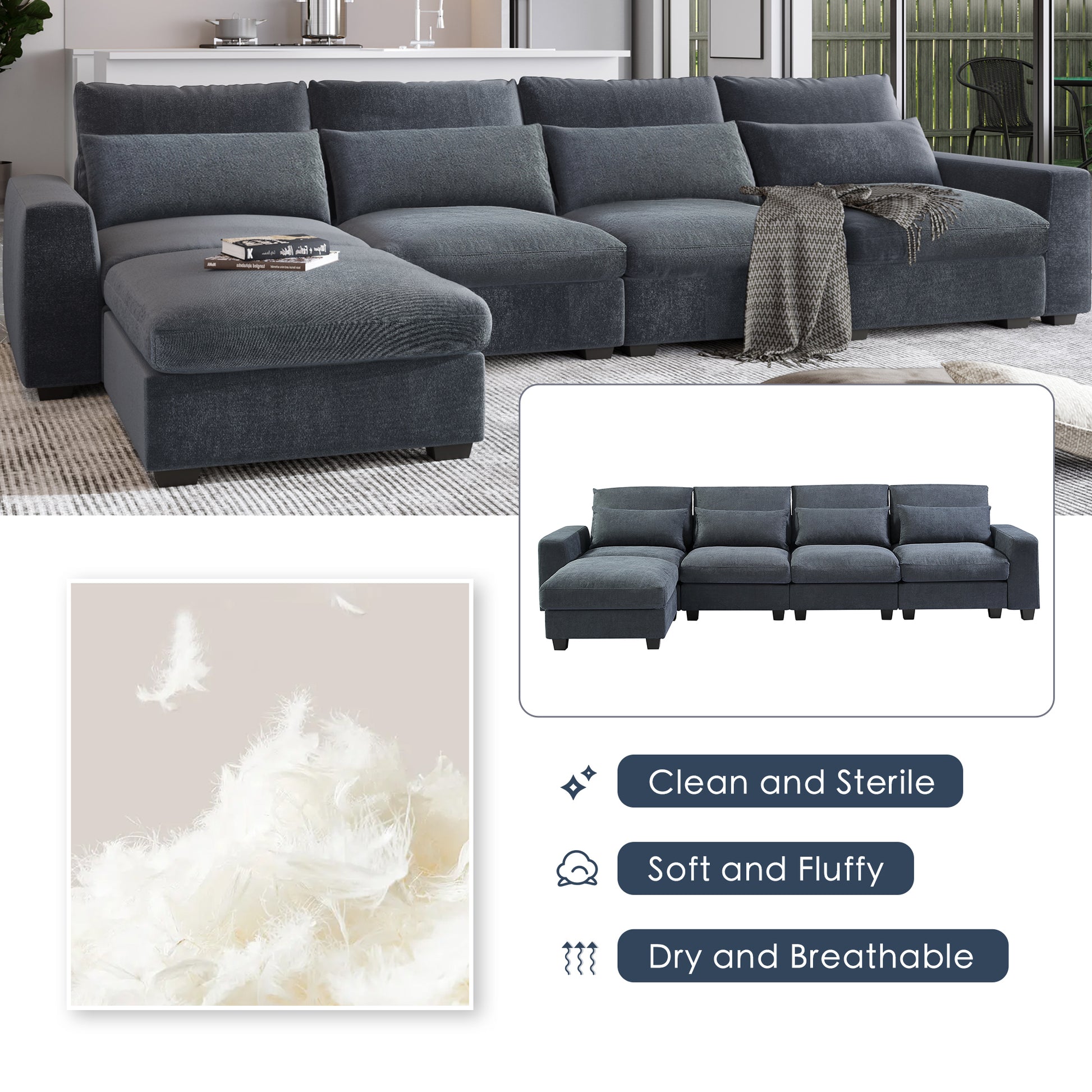 U_Style Modern Large L-Shape Feather Filled Sectional Sofa, Convertible Sofa Couch with Reversible Chaise for Living Room