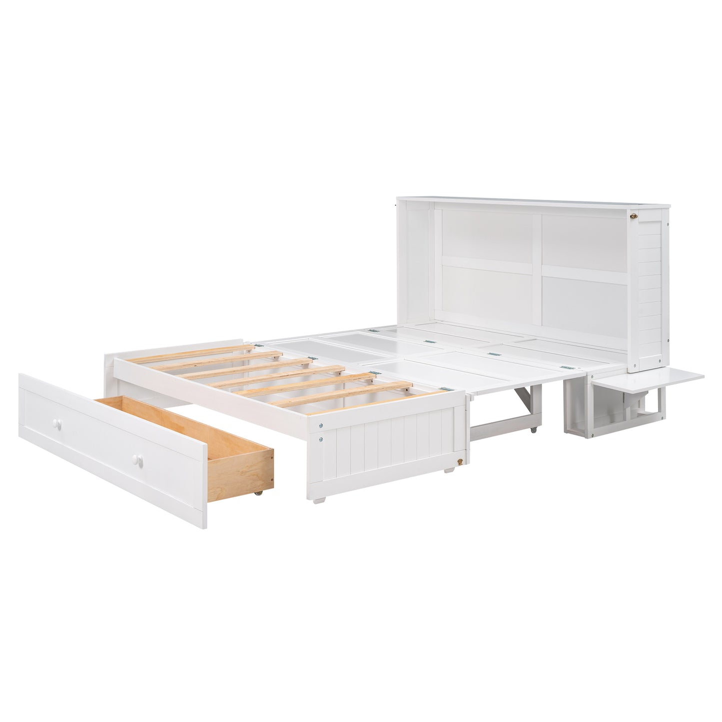 Mobile Murphy Bed: Queen Size with Drawer and Side Shelves, White