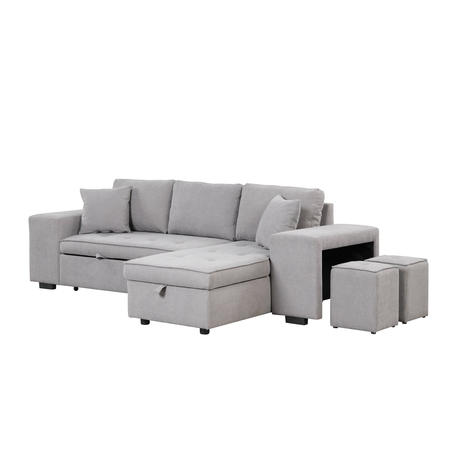 Modern L-Shape Sectional, Sleeper Sofa, Storage Chaise, 2 Stools, Grey