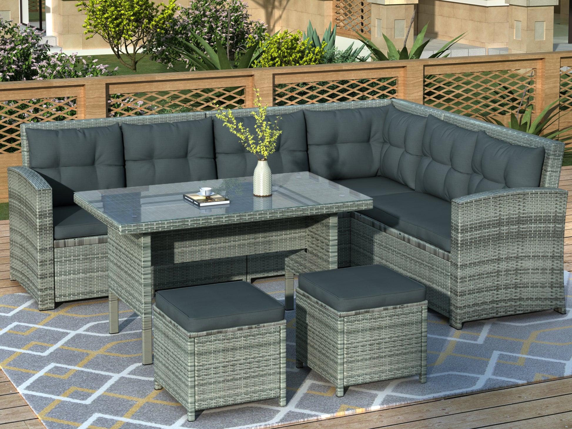 6-Piece Patio Furniture Set Outdoor Sectional Sofa, Glass Table