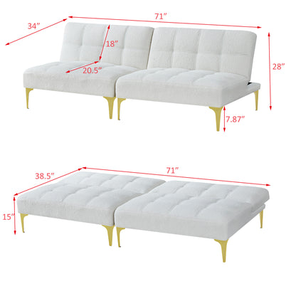 Convertible sofa bed futon with gold metal legs (White)