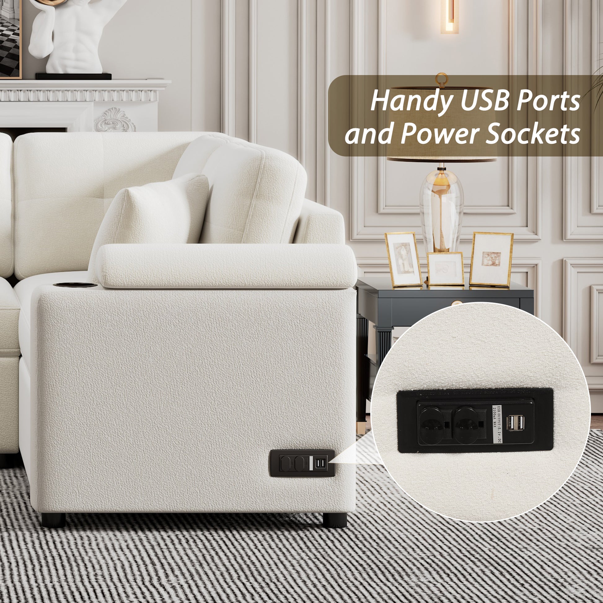L-Shape Sleeper Sofa: Wheels, USB Ports, Power Sockets