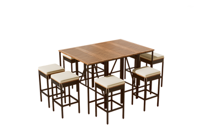 10-Piece Outdoor Acacia Wood Bar Height Table, Eight Stools, Cushions