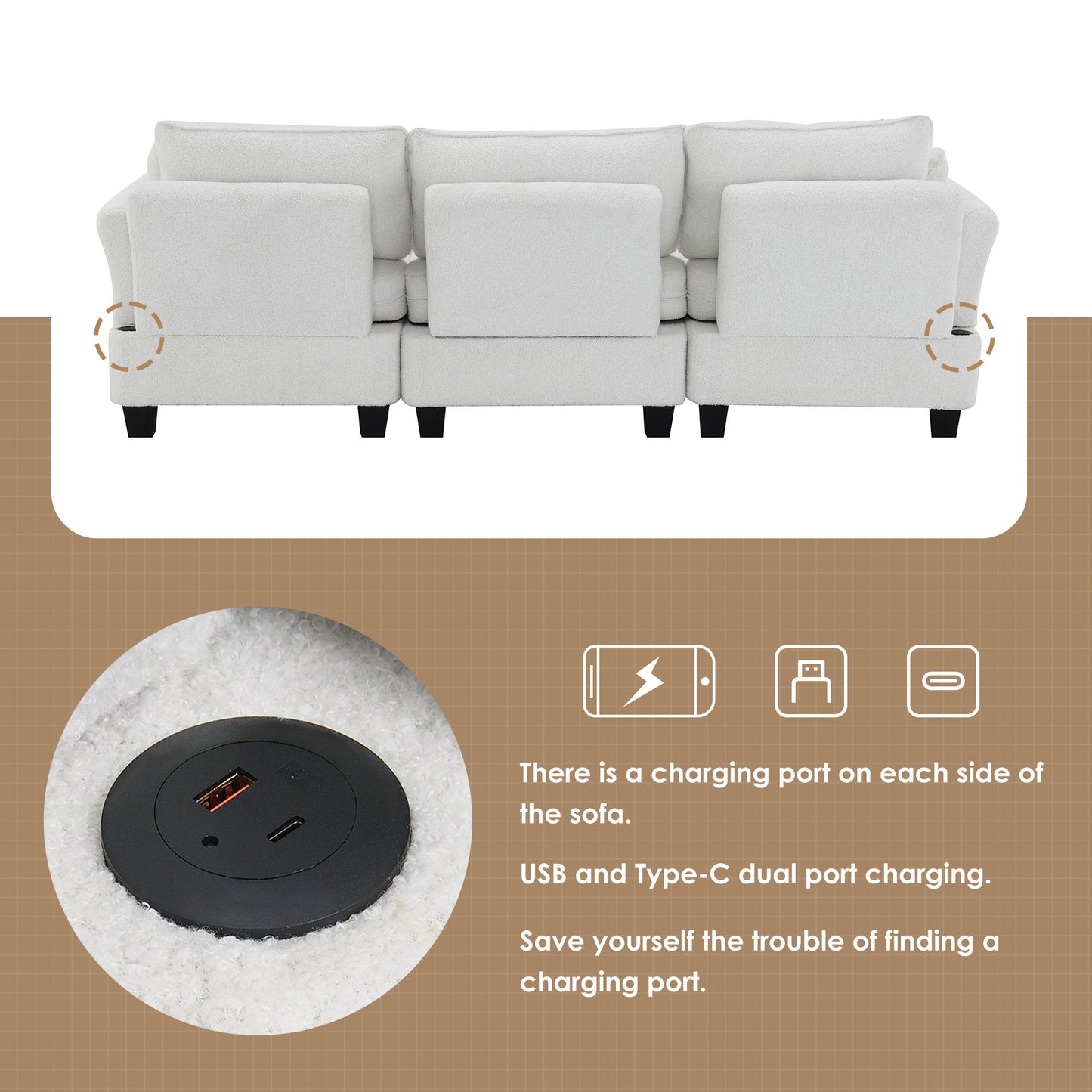 Sectional L-Shape, Chargers, Ottoman, 4 Seats